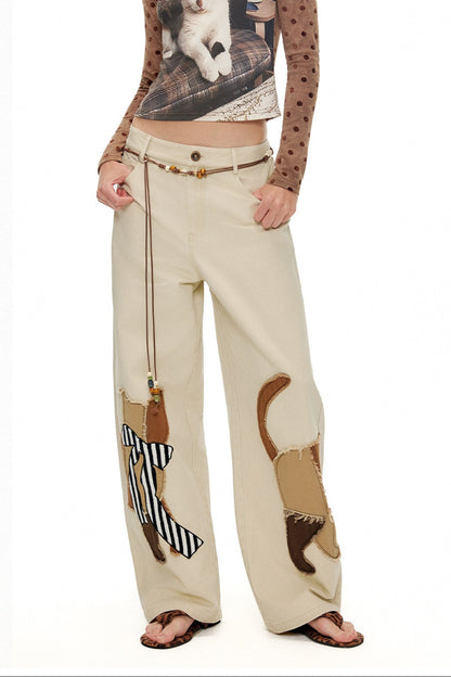 キャットアップリケ刺繡ウオッシュドシミターパンツ　B4592