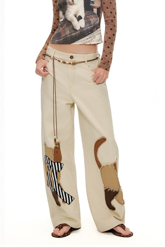 キャットアップリケ刺繡ウオッシュドシミターパンツ　B4592