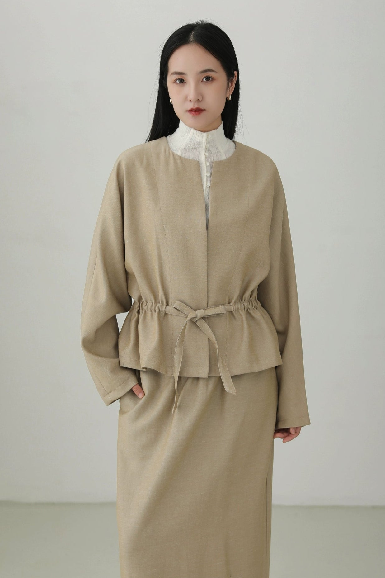 Tencel linen drawstring waist jacket B4281