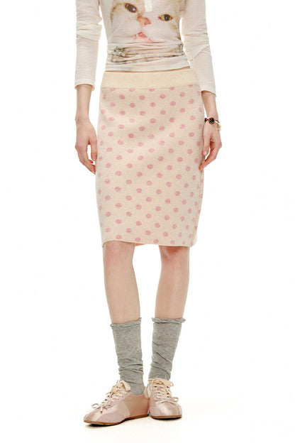 ピーチピンクジャガードドットカーディガン・スカート　B4596