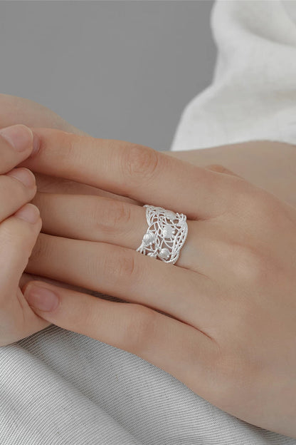 S925 Lily of the Valley Motif Openwork Lace Open Ring B4946