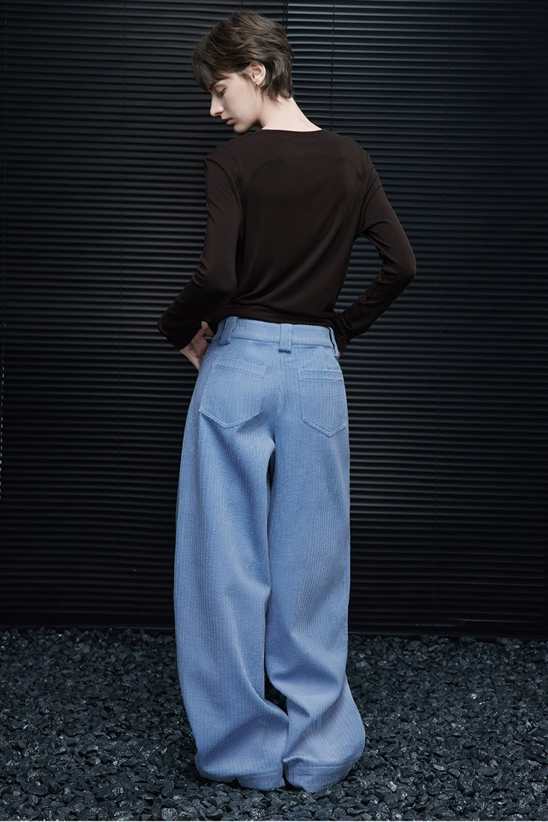 Blue corduroy lazy style wide pants B4372