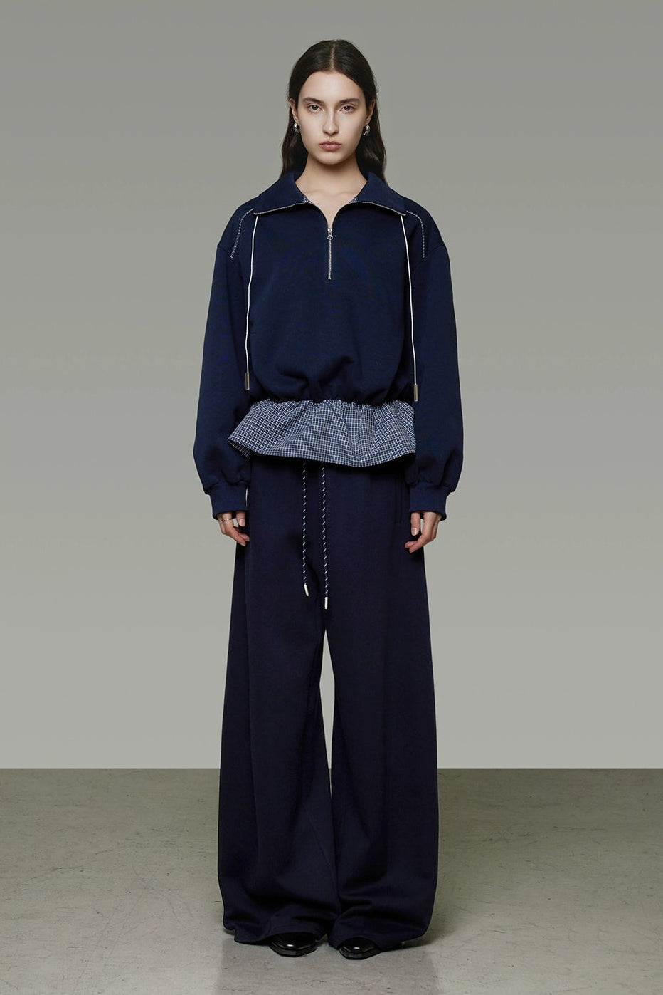 海軍藍抽繩寬鬆闊腿褲 B4440