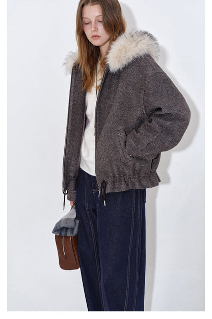 人造毛皮連帽羊毛混紡圈圈保暖外套 B4399