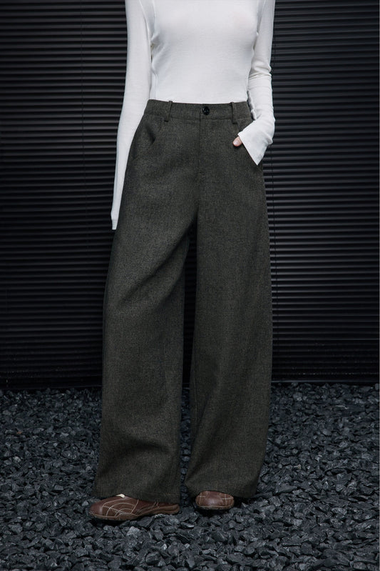 Retro green wool blend wide pants B4538