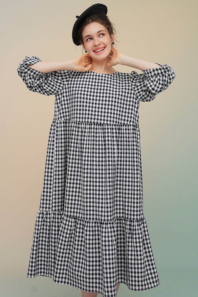 玫瑰刺繡仿色格紋洋裝 B3756