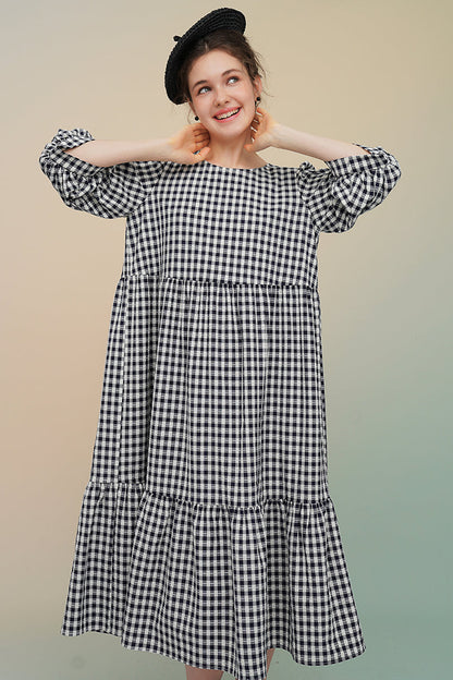 玫瑰刺繡仿色格紋洋裝 B3756