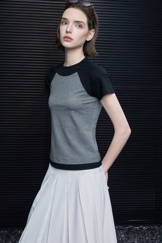 レトロコントラストカラーショートスリムTシャツ　B4694