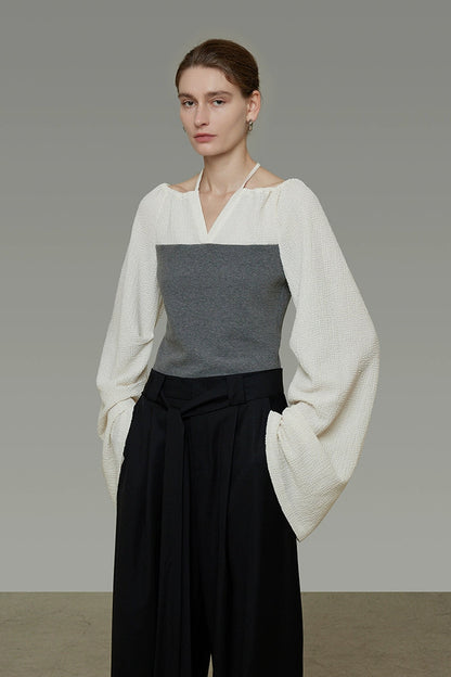 Color Block V-Neck Knit Top B4437