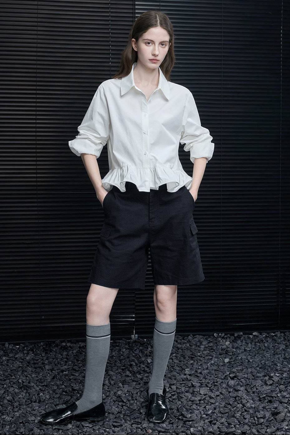White pure cotton slim waist ruffle shirt B4633