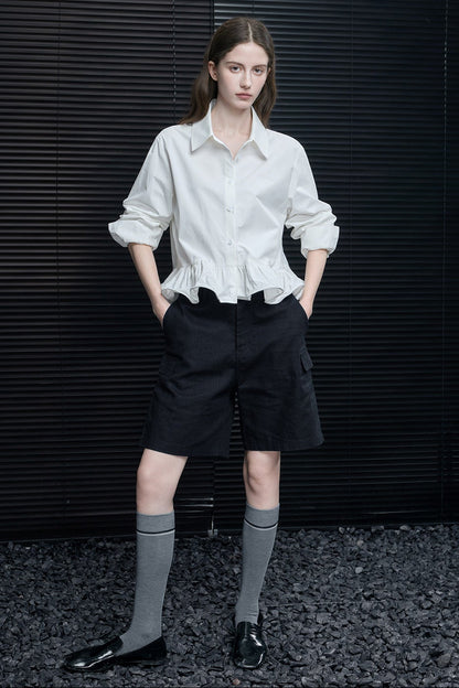 White pure cotton slim waist ruffle shirt B4633