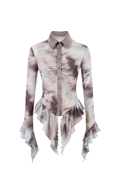 蝴蝶印花腰部荷葉邊襯衫 B4257