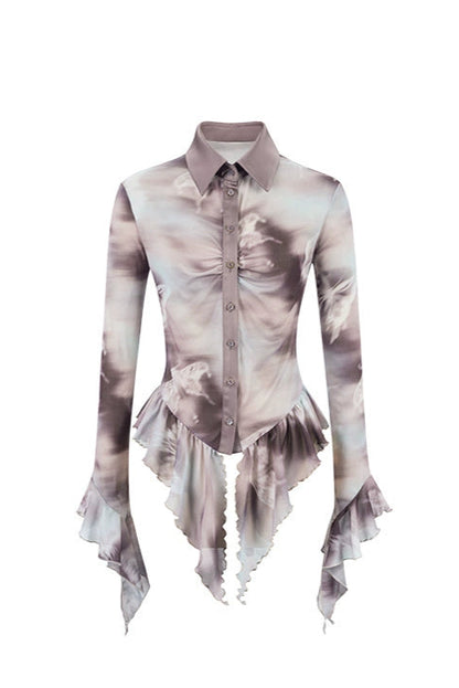 蝴蝶印花腰部荷葉邊襯衫 B4257