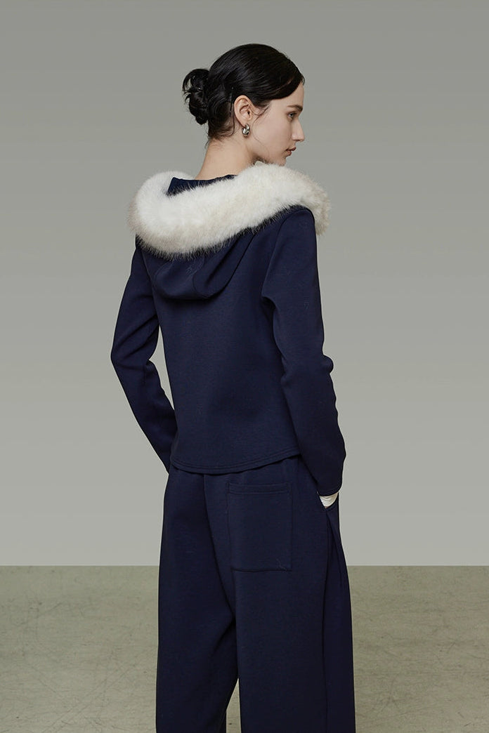 Fur collar fake two-piece top and cropped pants set B4511