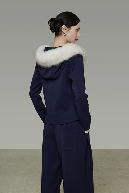 Fur collar fake two-piece top and cropped pants set B4511