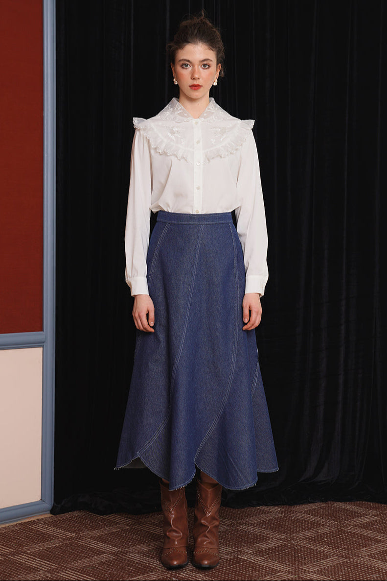 白色蕾絲雙領繡上衣B3755