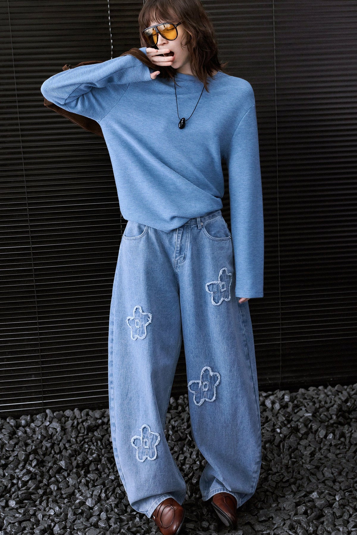 Blue Vintage-Style Textured Long Sleeve T-Shirt B5021