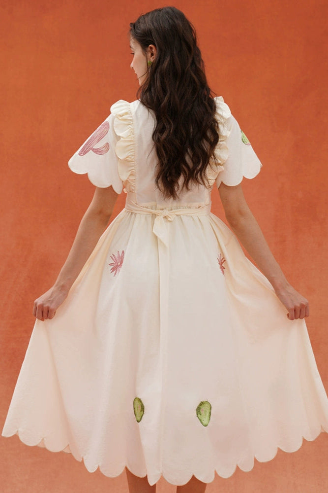 サボテンプリントスカラップフレンチヴィンテージ刺繡ドレス　B3932