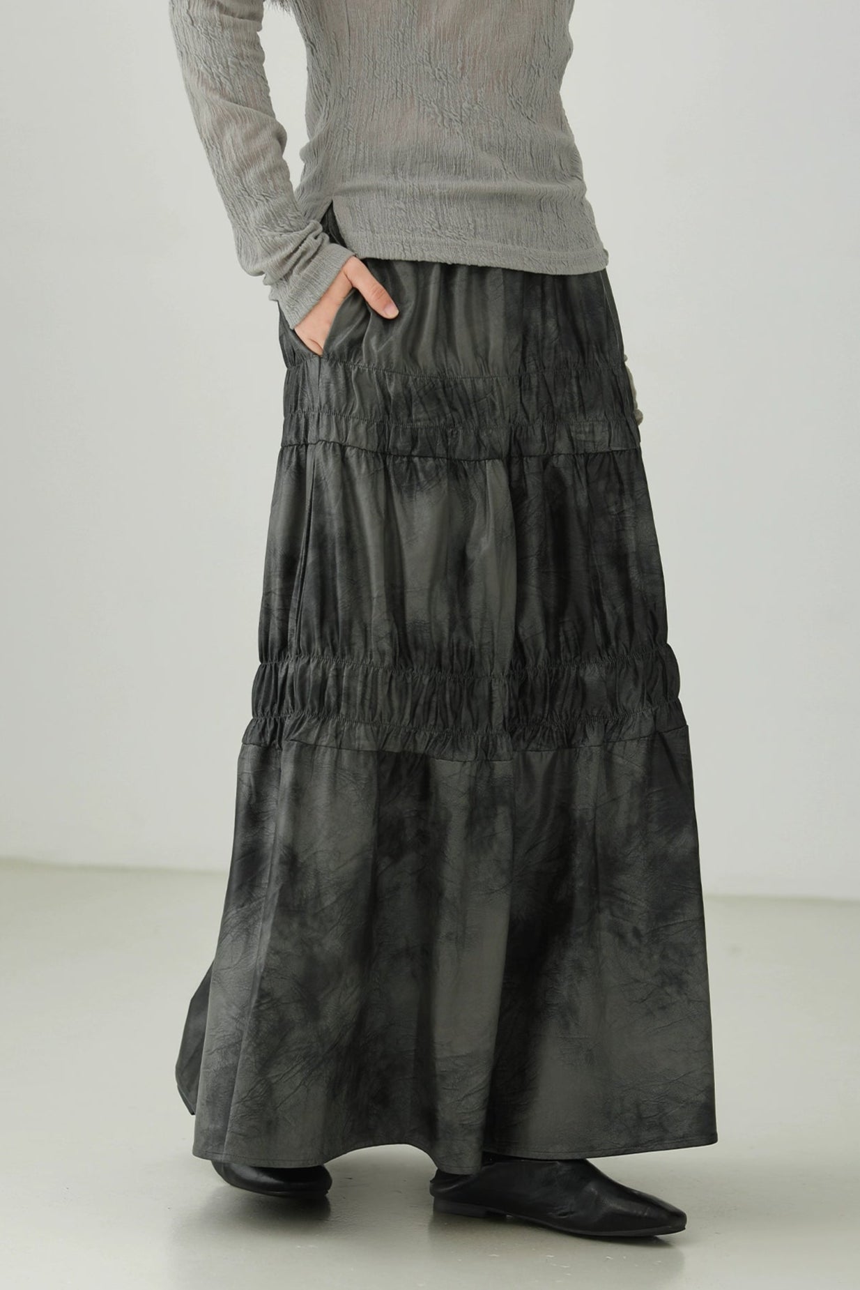 PU leather gathered skirt B4276