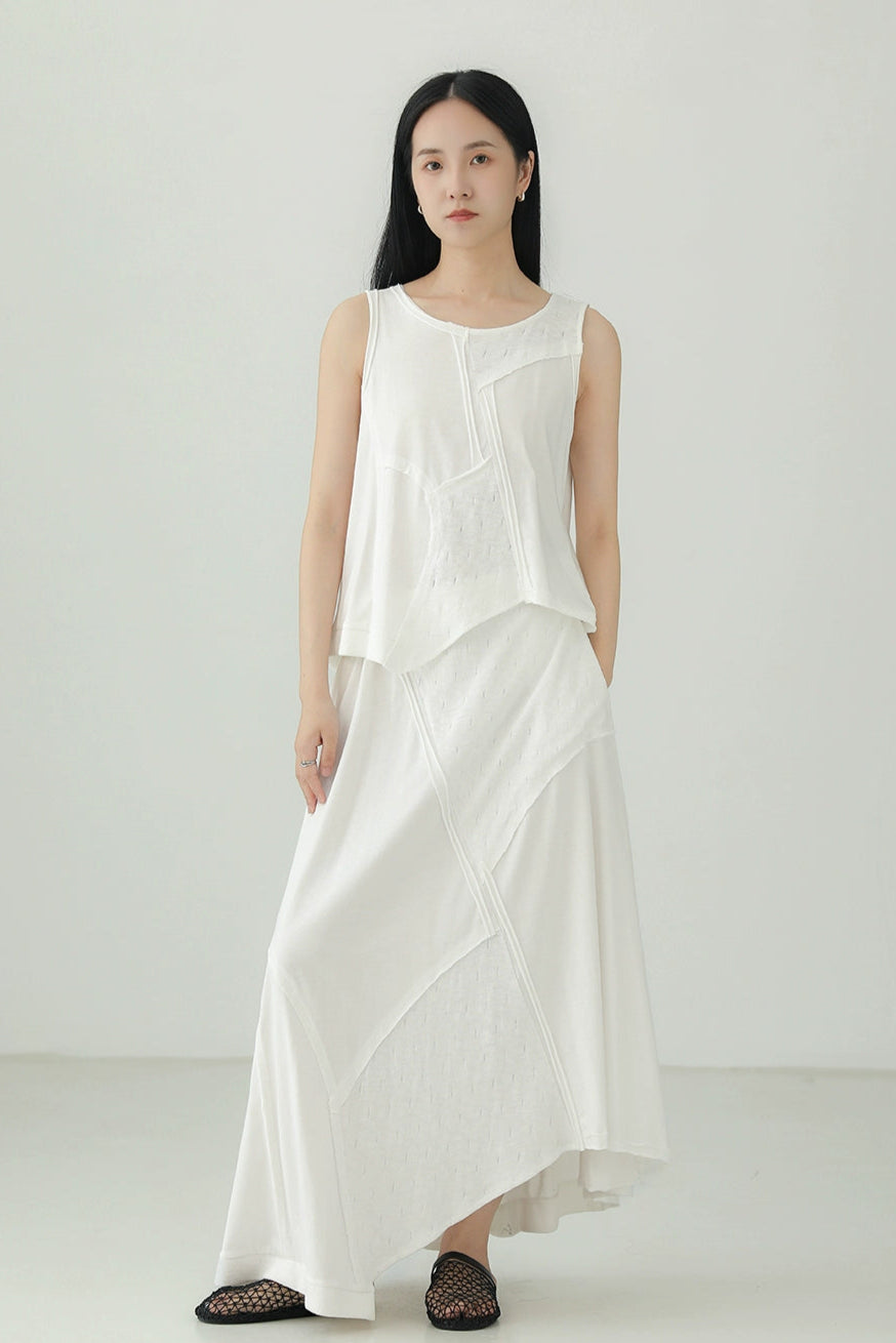 棉質不規則拼布無袖上衣 B4135