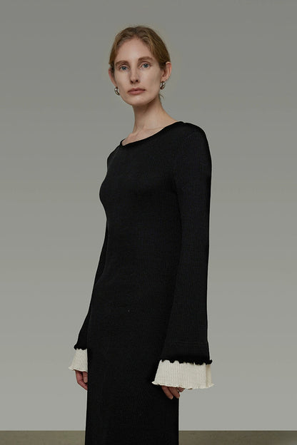 Color Block Flare Sleeve Long Dress B4439