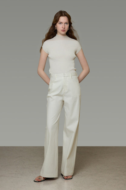 French White Straight Denim Pants B4772
