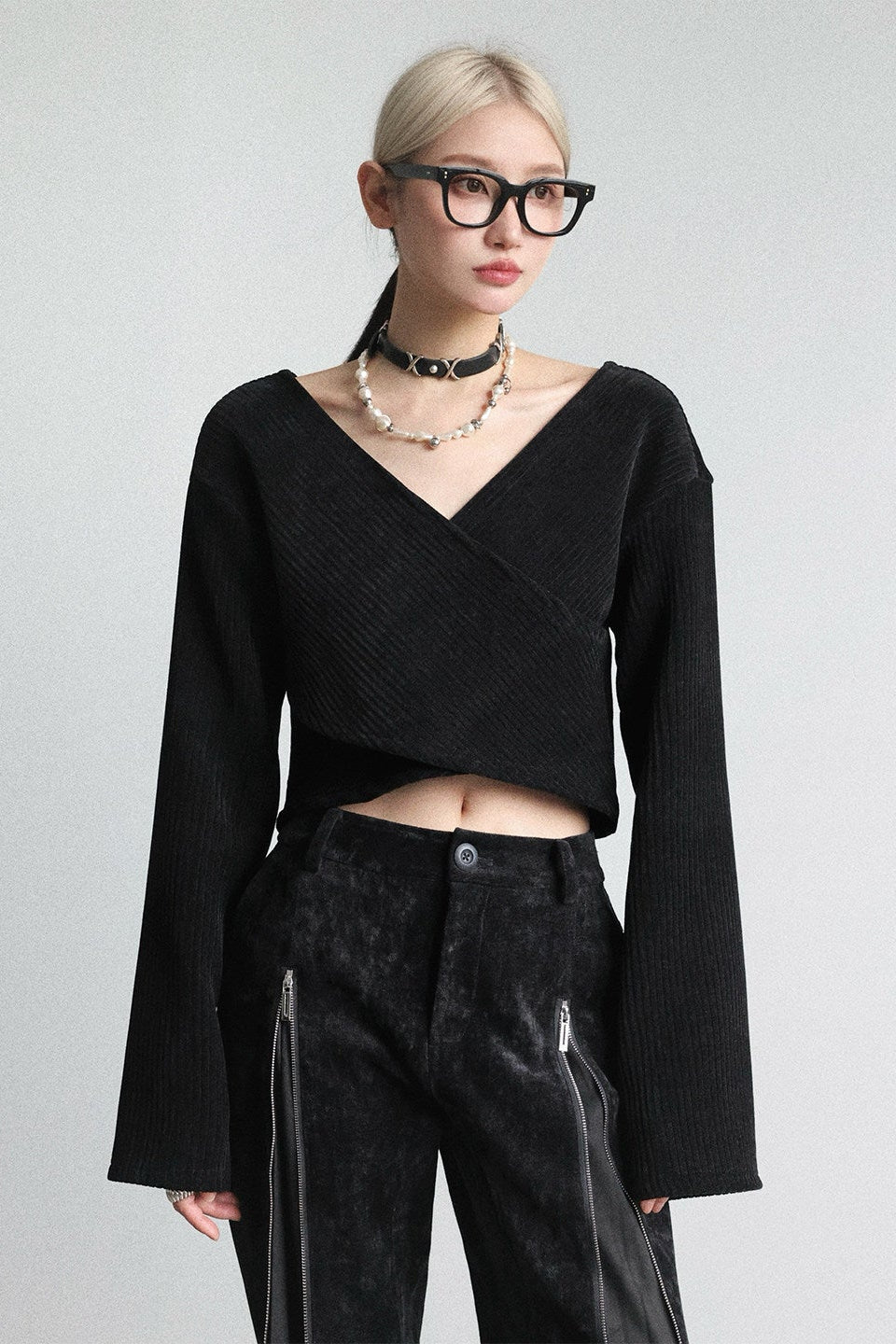 ピットストライプX長袖プルオーバーニットトップス　B4651