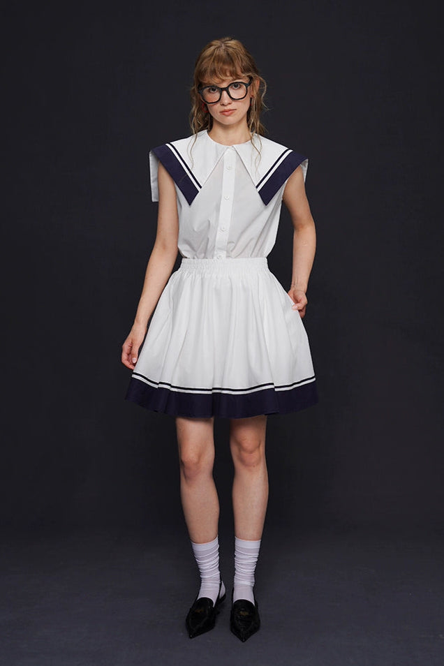 Marine sailor collar sleeveless top, skirt and suit B4155