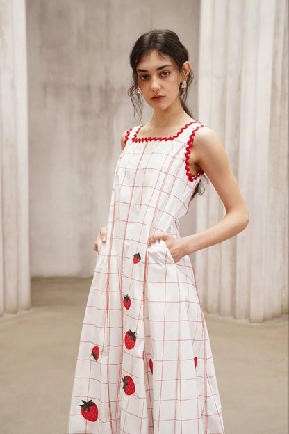 Strawberry Embroidered Check Retro Dress B4792