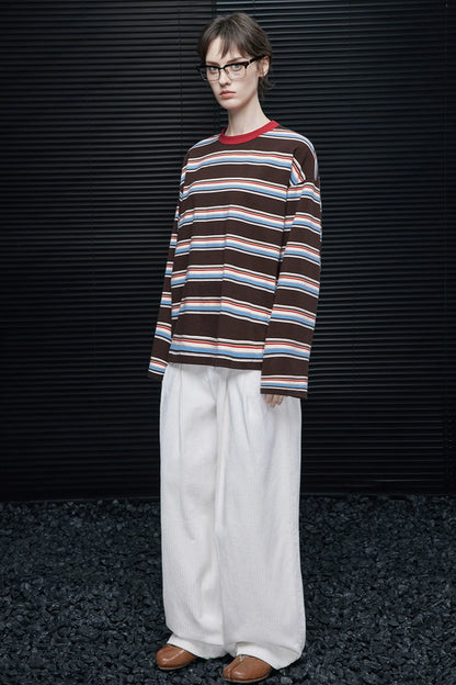 コットンストライプドロップショルダー長袖Ｔシャツ　B4355