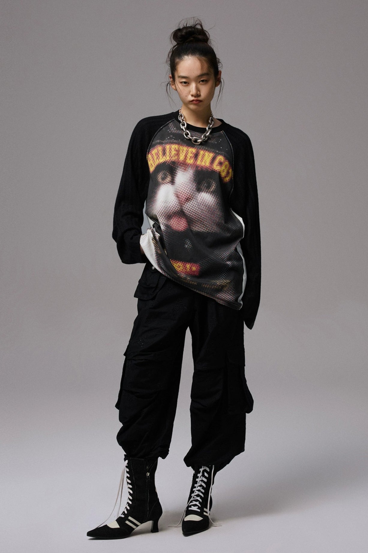 Biker Cat Print Raglan Sleeve T-Shirt B4319