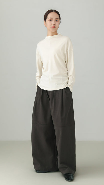 Bottleneck Side-Shirring Drape Long Sleeve T-Shirt B5001