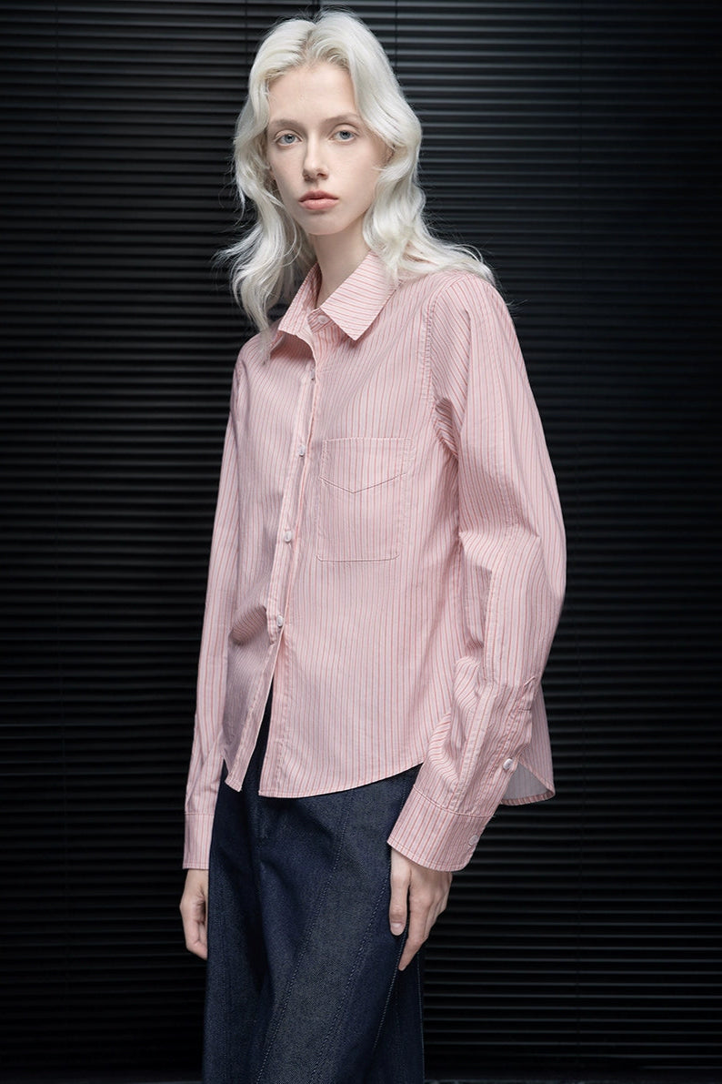 ピンクストライプピュアコットン長袖ラペルシャツ　B4225