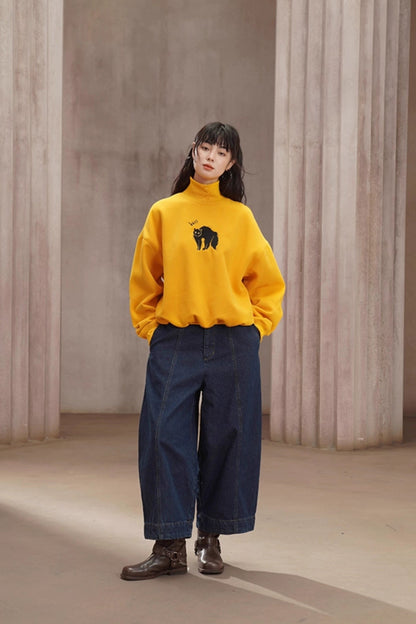 普魯士藍闊腿彎刀牛仔褲 B4448