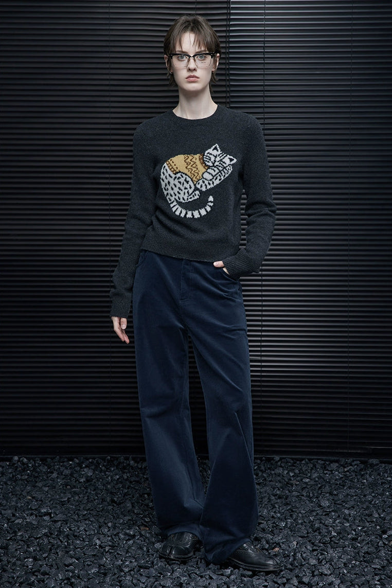 Gray wool cat print sweater B4371