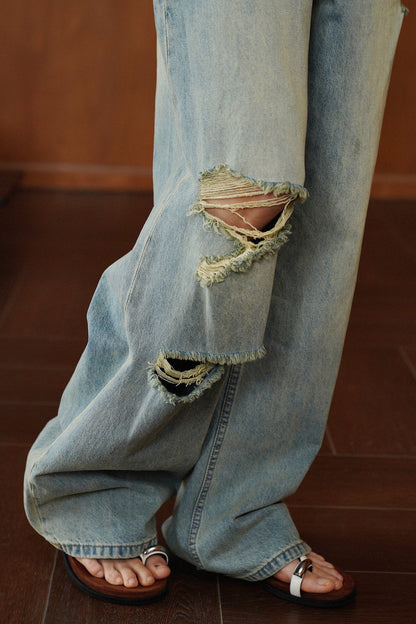 レトロ️ウオッシュダメージデニムパンツ　B4830