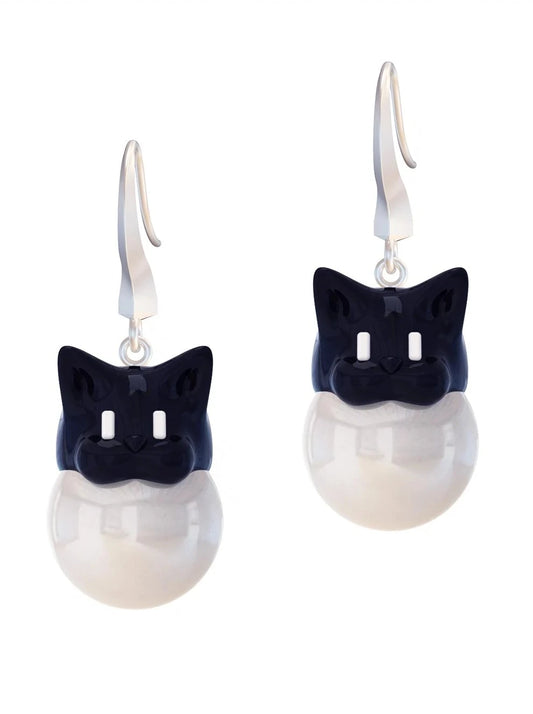 Black Kitty Pearl Polygon Earrings B2797