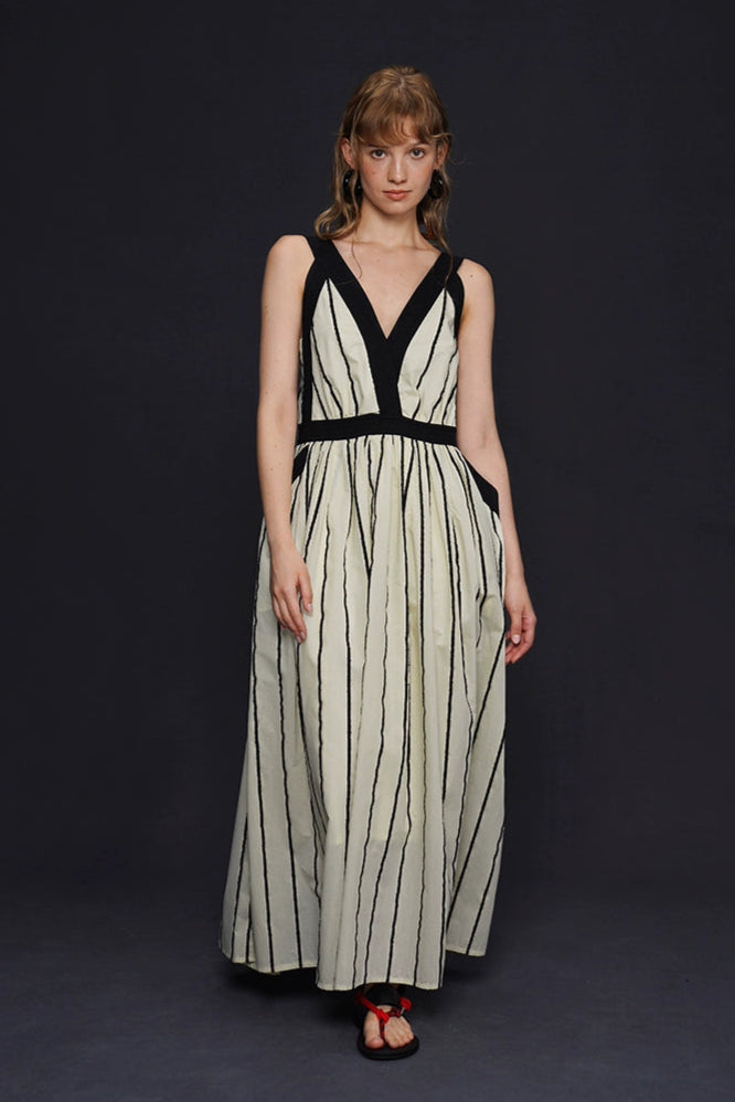 Vintage striped V-neck suspender long dress B4165