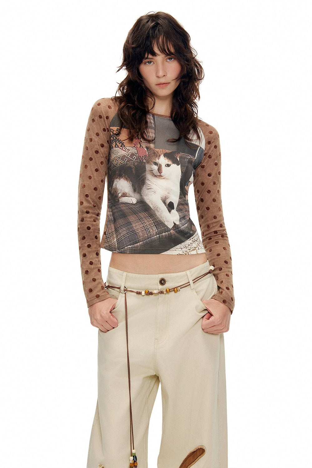 キャットレトロフロック加工ドットTシャツ　B4593