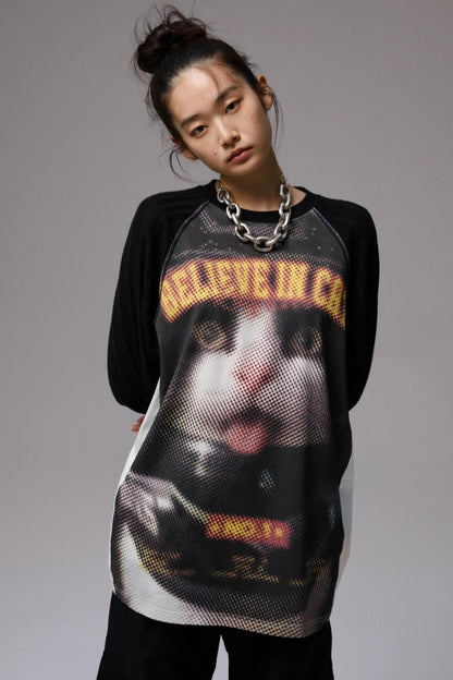 Biker Cat Print Raglan Sleeve T-Shirt B4319