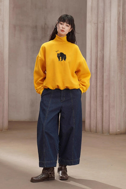 黑貓刺繡黃色高領衛衣 B4449