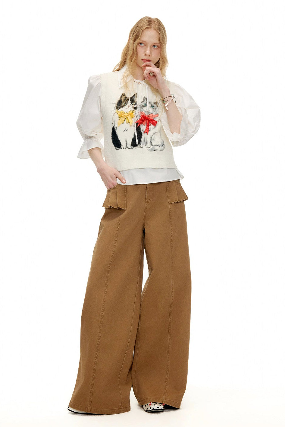 ホワイトランタンスリーブリボンシャツ　B4598