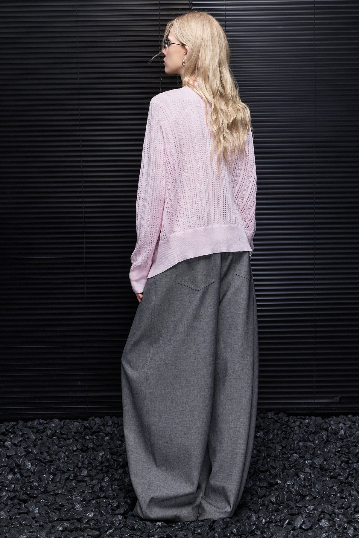 Gray High-Waisted Drape Wide-Leg Pants B5018