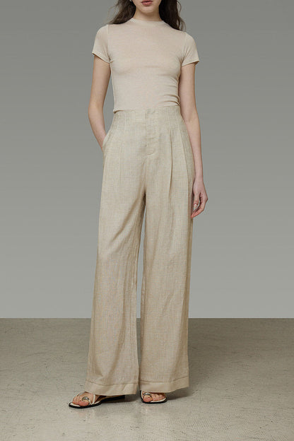 Linen Blend Wide Straight Pants B4774