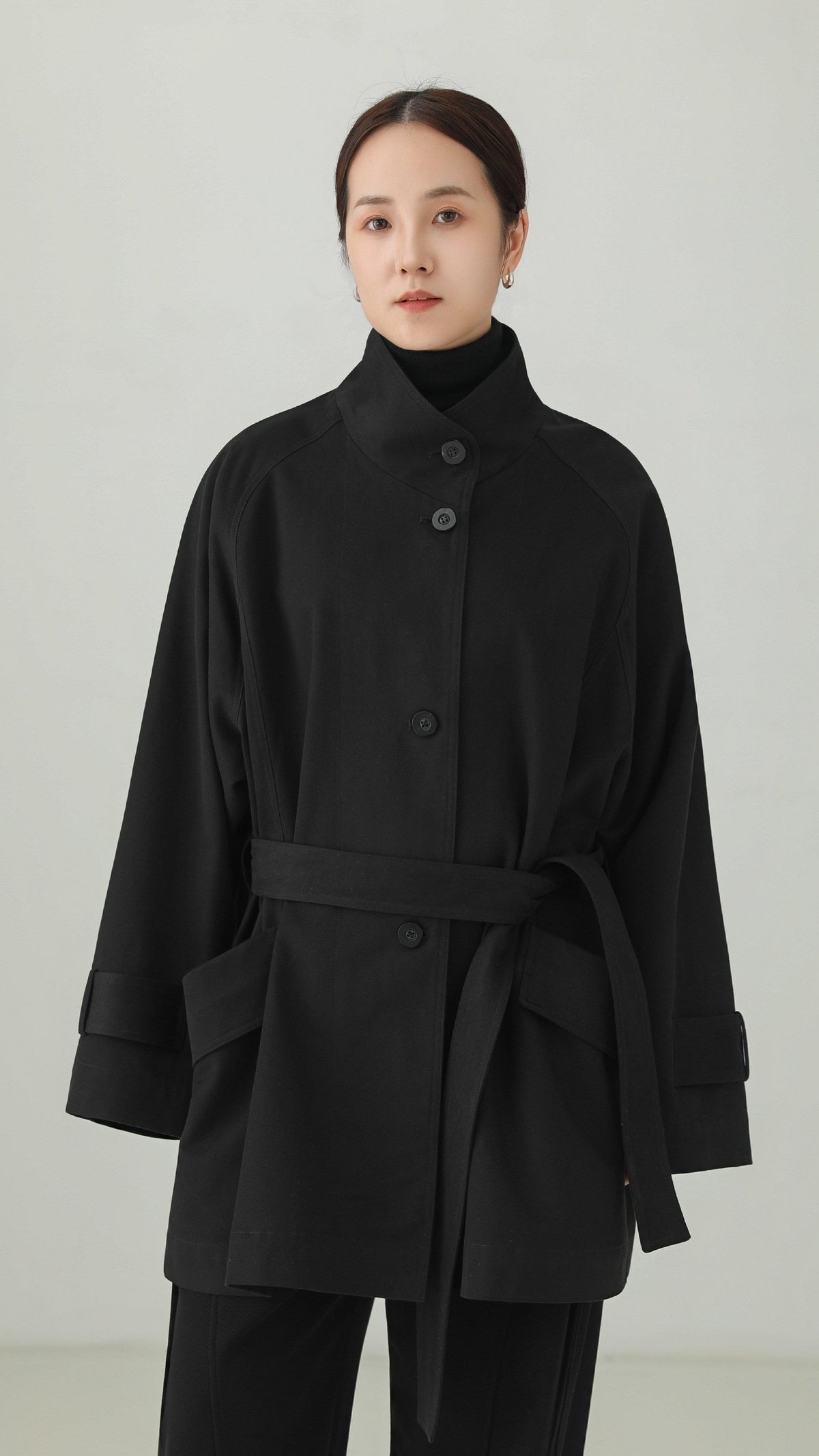 Black 100% Cotton Belted Design Trench Coat B5007