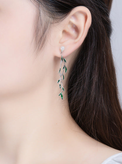 S925 Asymmetric Color Willow Beam Long Earrings B2212