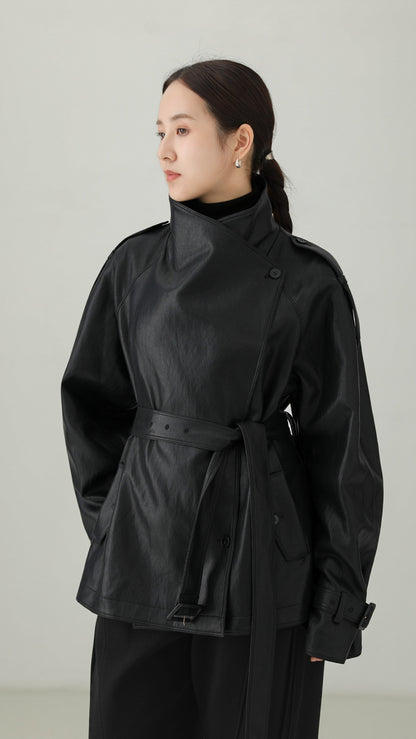 Black PU Leather Belted Stand Collar Jacket B5008