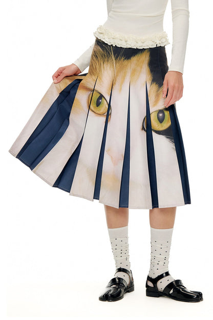 キャットプリントミッドウエストプリーツスカート　B4597