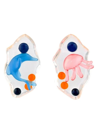 藍色海豚&amp;粉紅章魚不對稱耳環 B2720
