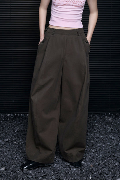 Cotton Brown Loose Drape Wide Pants B4708
